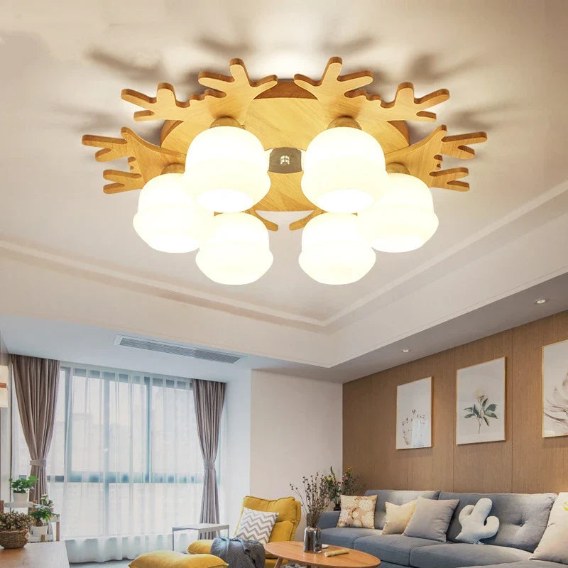 Afralia™ Nordic Wood Antlers Glass Chandelier - Modern Industrial Living Room Ceiling Light
