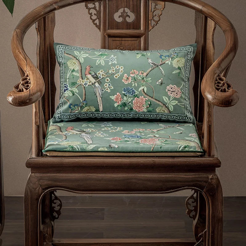 Afralia™ Chinoiserie Courtyard Bird & Flowers Print Lumbar Pillow Case - Eastern Home Decor