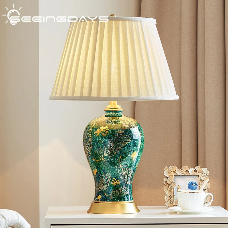 Afralia™ Golden Leaf Green Ceramic Table Lamp - Luxury New Chinese Style for Living Room