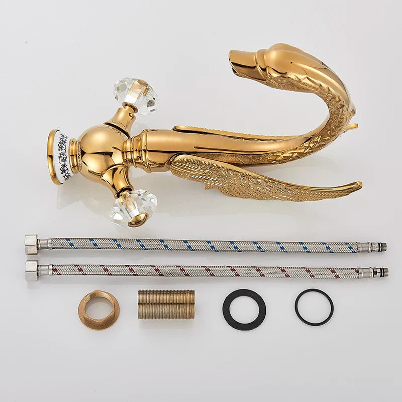 Afralia™ Gold Brass Black Swan Bathroom Basin Faucet Luxury Single Mixer Tap Deck Mounted