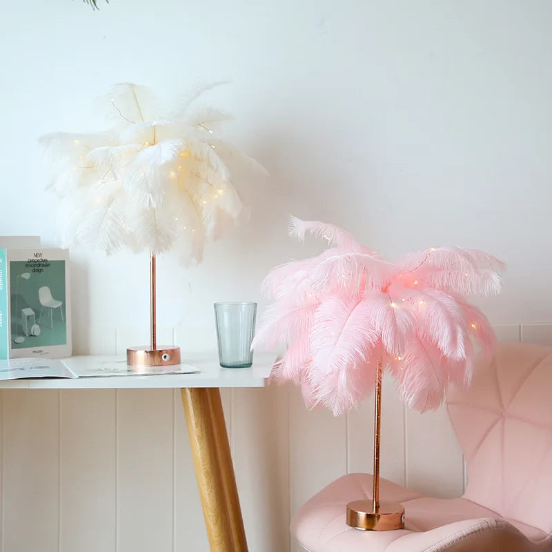 Afralia™ Feather Table Lamp: Creative Warm White Light Tree with Pink & White Feather Lampshade