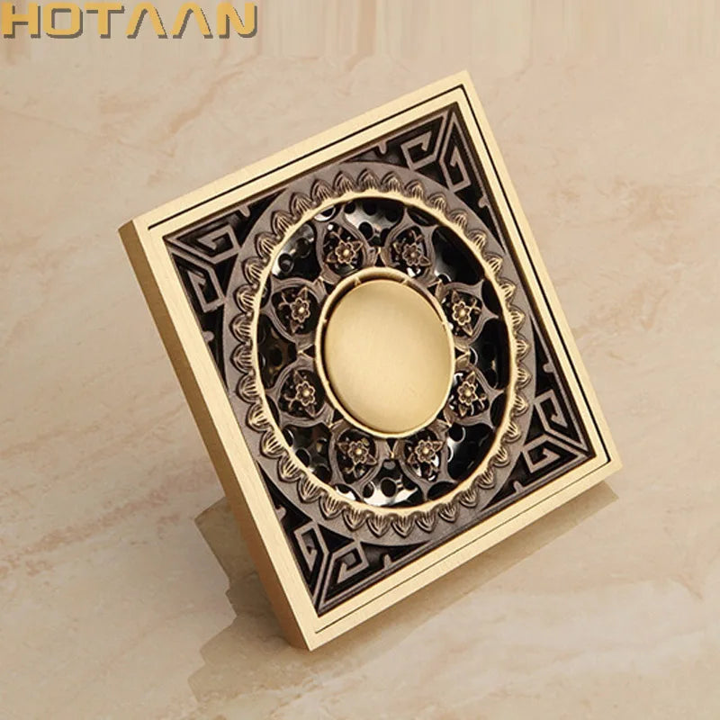 Afralia™ Antique Brass Flower Art Bathroom Floor Drain Waste Grate