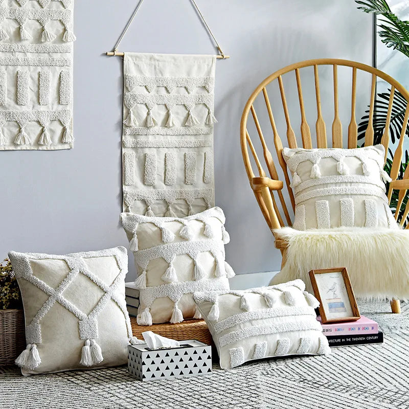 Afralia™ Ivory Tufted Tassel Cushion Cover - Netural Boho Style for Home Decor