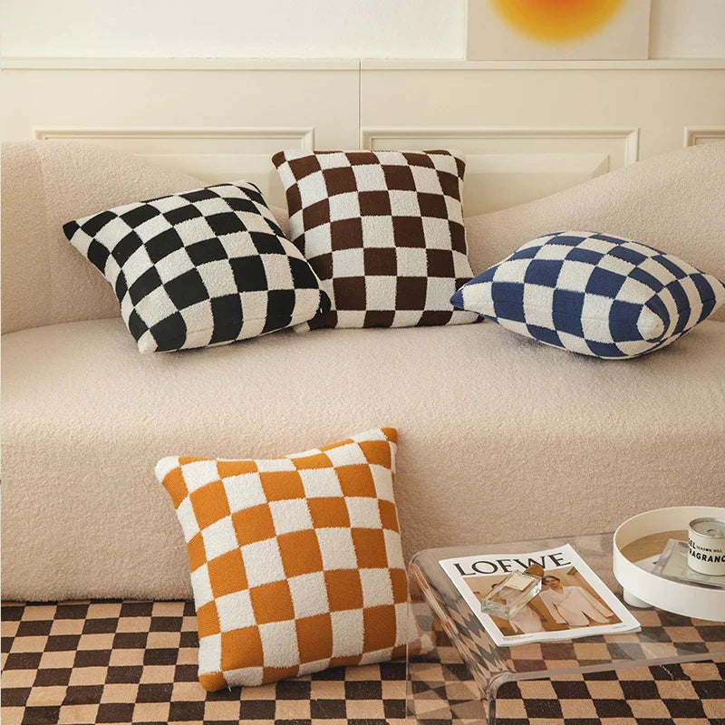 Afralia™ Checkered Flocking Cushion Cover in Black Orange Green for Home Decor