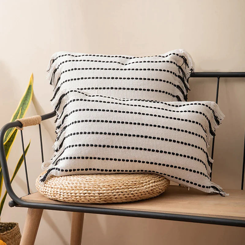 Cotton Tassel Cushion Cover in Black and White by Afralia™, Various Sizes