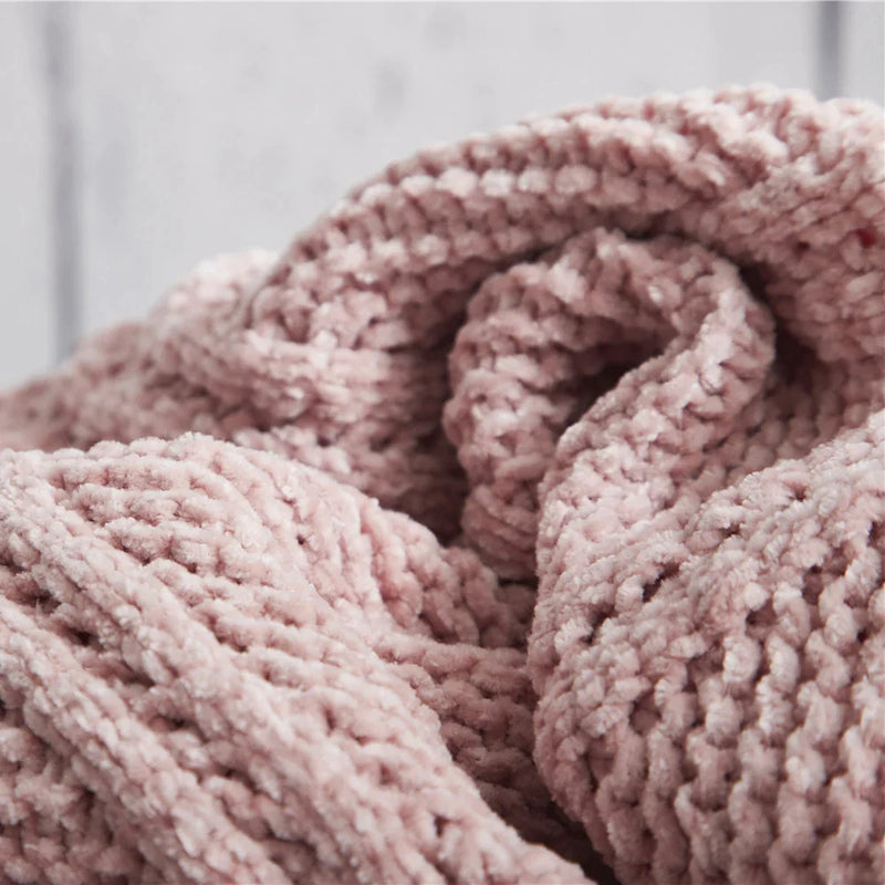 Afralia™ Chenille Plaid Throw Blanket | Pink Ivory Gray Pompom Knitted | Super Soft Cozy Chunky Knit Blanket