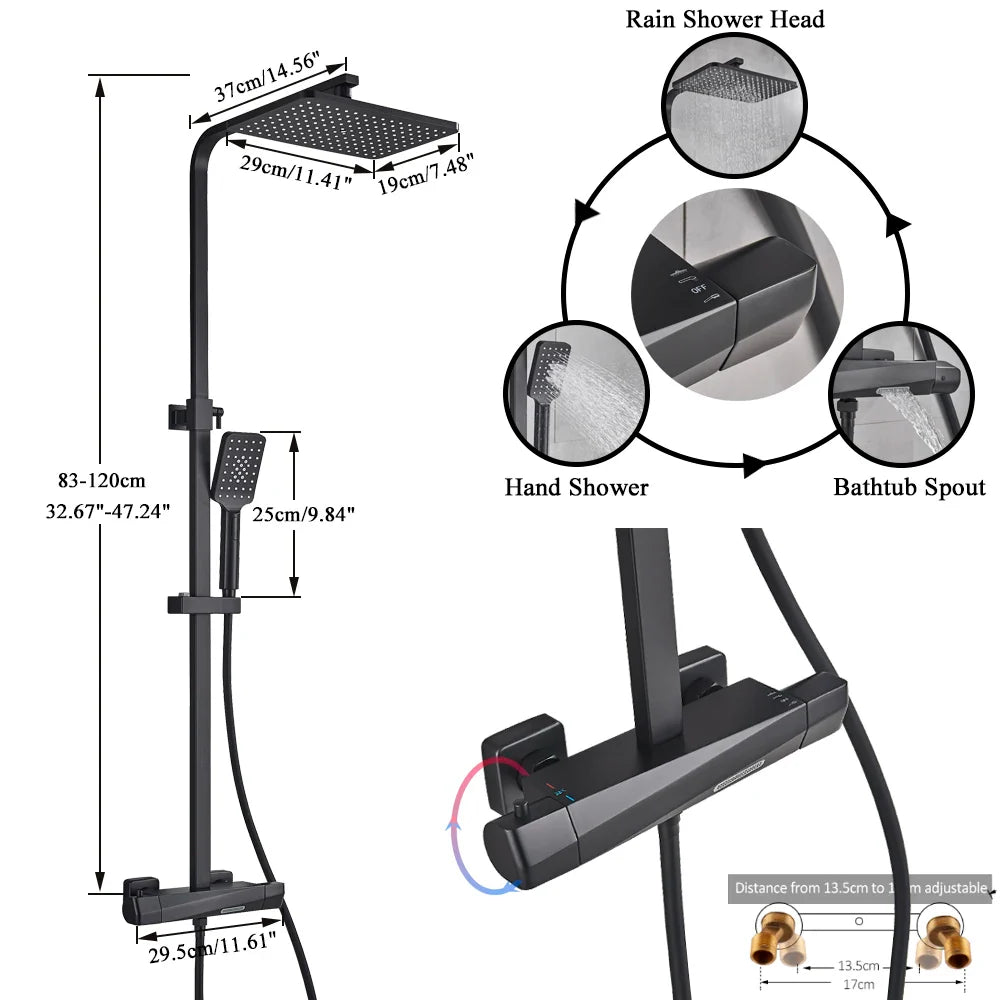 Afralia™ Thermostatic Black Shower Faucet Set with Rain Shower Head - Wall Mounted