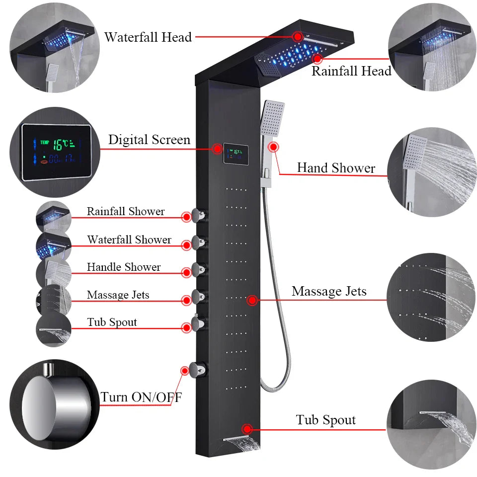Afralia™ LED Rainfall Shower Panel Set with Temperature Screen and Hand Sprayer