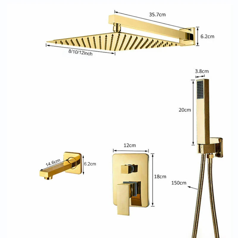 Afralia™ Golden Bathroom Shower Set with Square Rainfall Head and Concealed Mixer Taps
