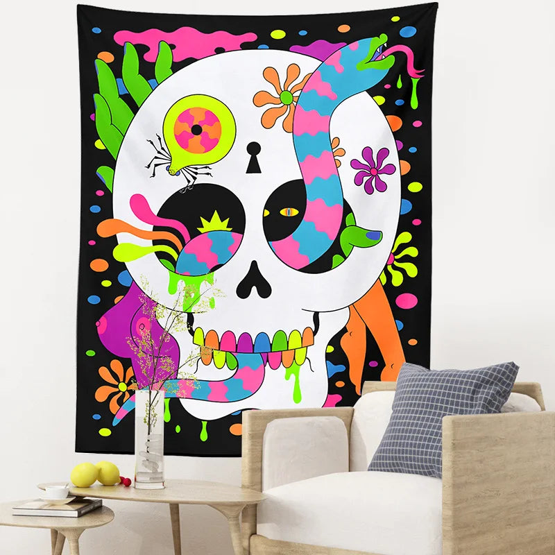 Afralia™ Psychedelic Floral Skull Tapestry Wall Hanging Rug for Bedroom and Living Room