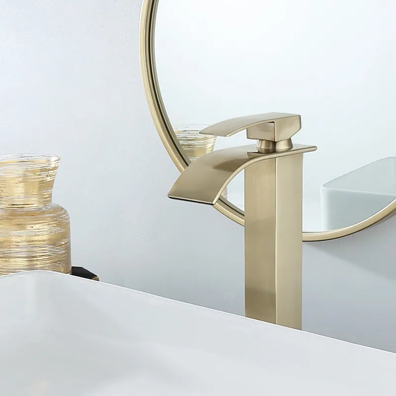 Afralia™ Brushed Gold Basin Faucet: Solid Brass Single Handle Mixer Tap, Deck Mounted.