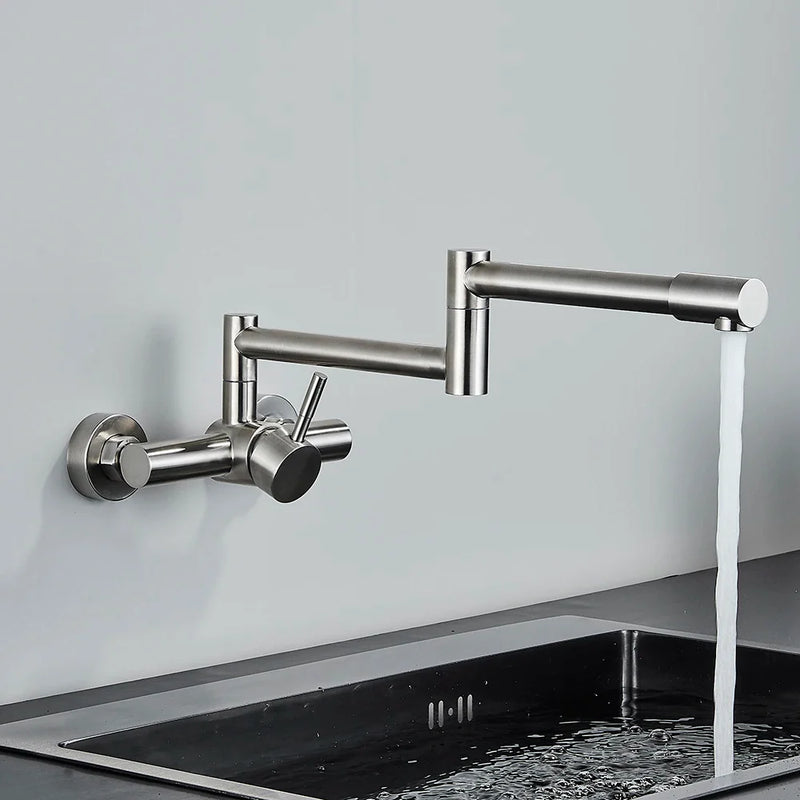 Afralia™ Stainless Steel In-wall Double Hole Kitchen Sink Faucet, 360° Rotation, Hot Cold Mixer