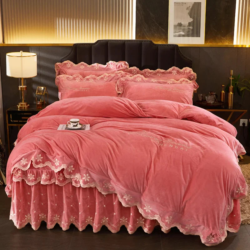 Afralia™ Velvet Bedding Set with Gold Embroidery & Ruffles