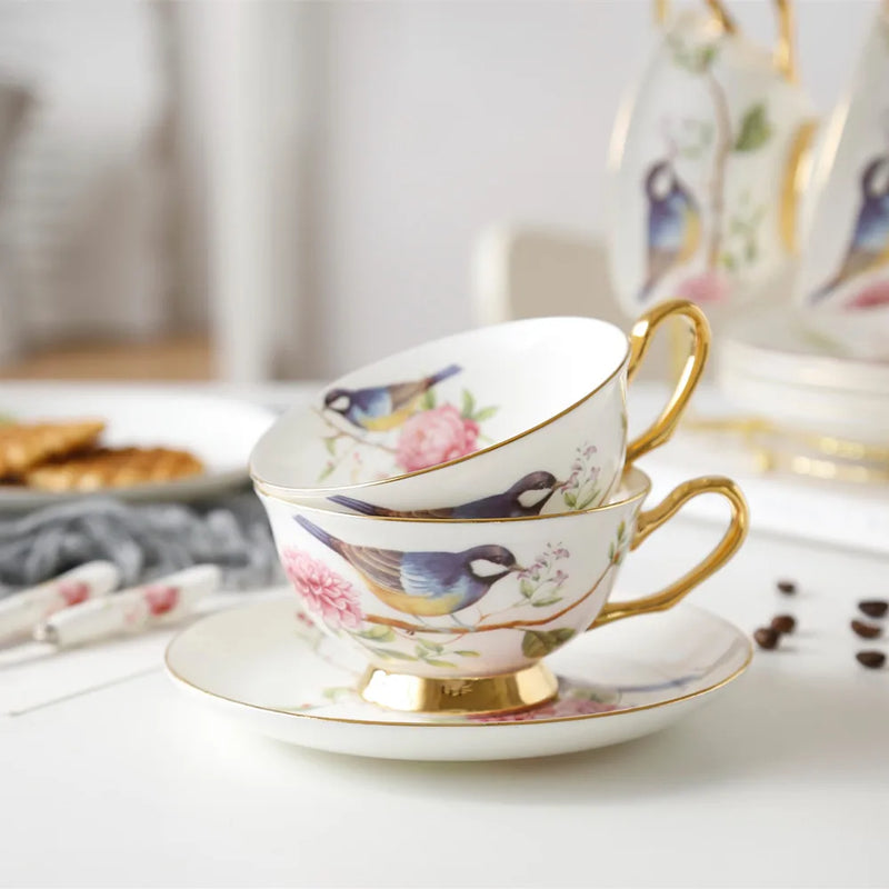 Afralia™ Pastoral Bird Bone China Tea Cup Set 200ml British Cafe Porcelain Coffee Cup