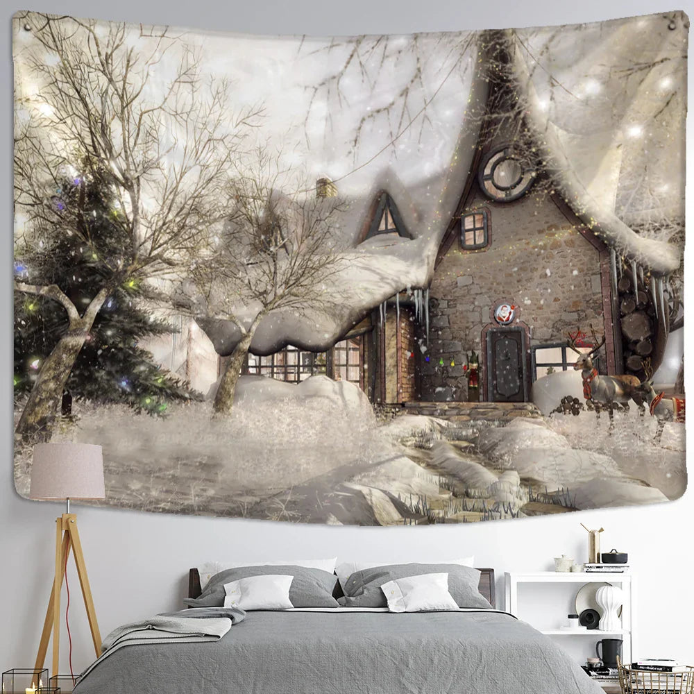Afralia™ Christmas Snow House Tapestry Wall Hanging Landscape Art Home Decor