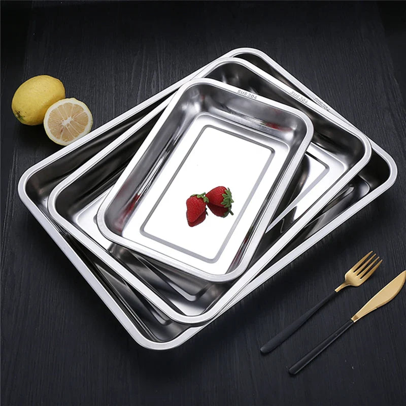 Afralia™ Stainless Steel BBQ Trays Dessert Baking Pan Kitchen Organizer Dish