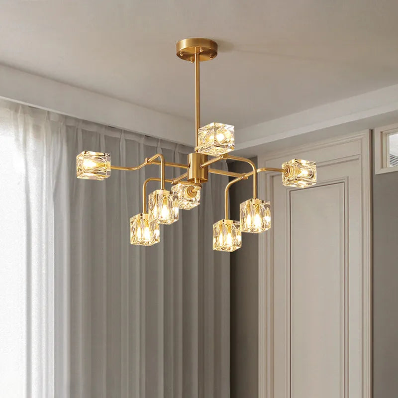 Afralia™ Square Crystal Chandelier Artistic Branches Luxury Gold Light Fixtures Living Room Kitchen Lighting