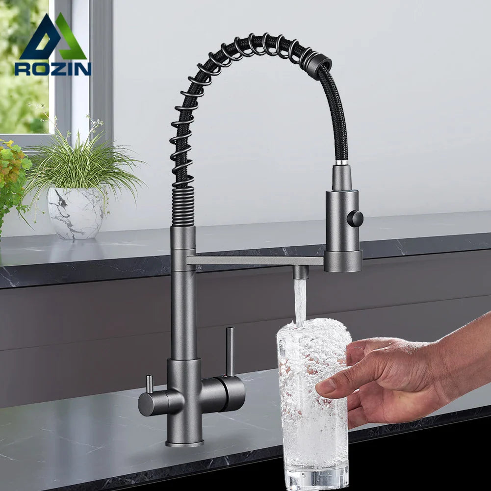 Afralia™ Gun Grey Filter Kitchen Faucet with Pull Down Spring & 3-Way Function