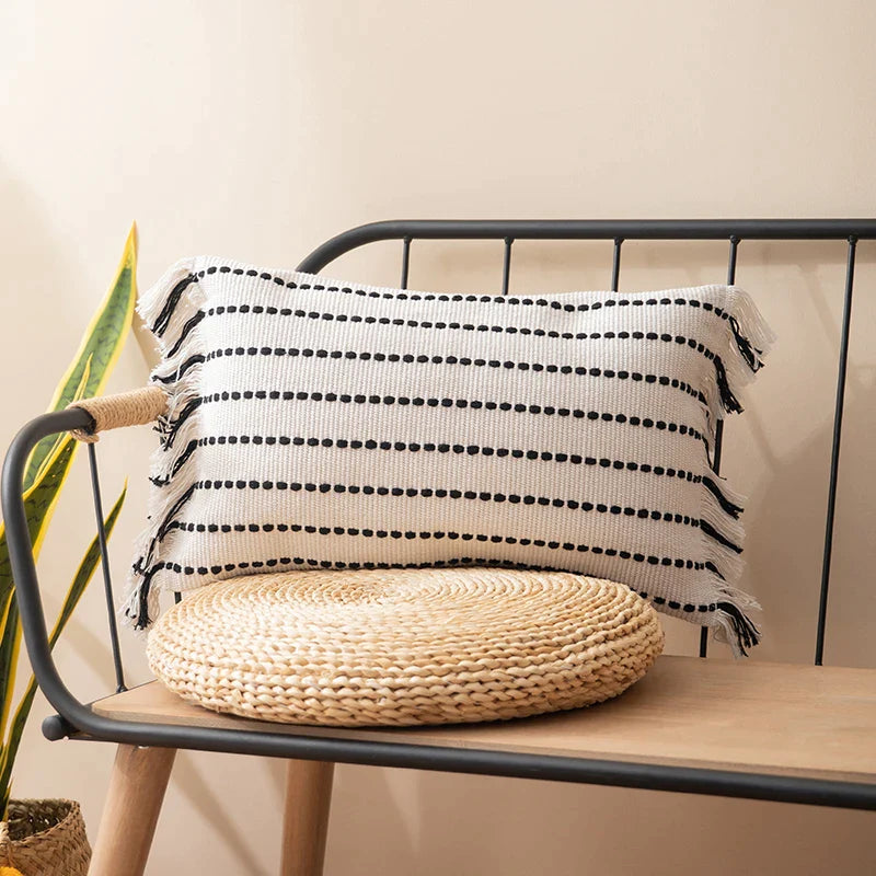 Cotton Tassel Cushion Cover in Black and White by Afralia™, Various Sizes