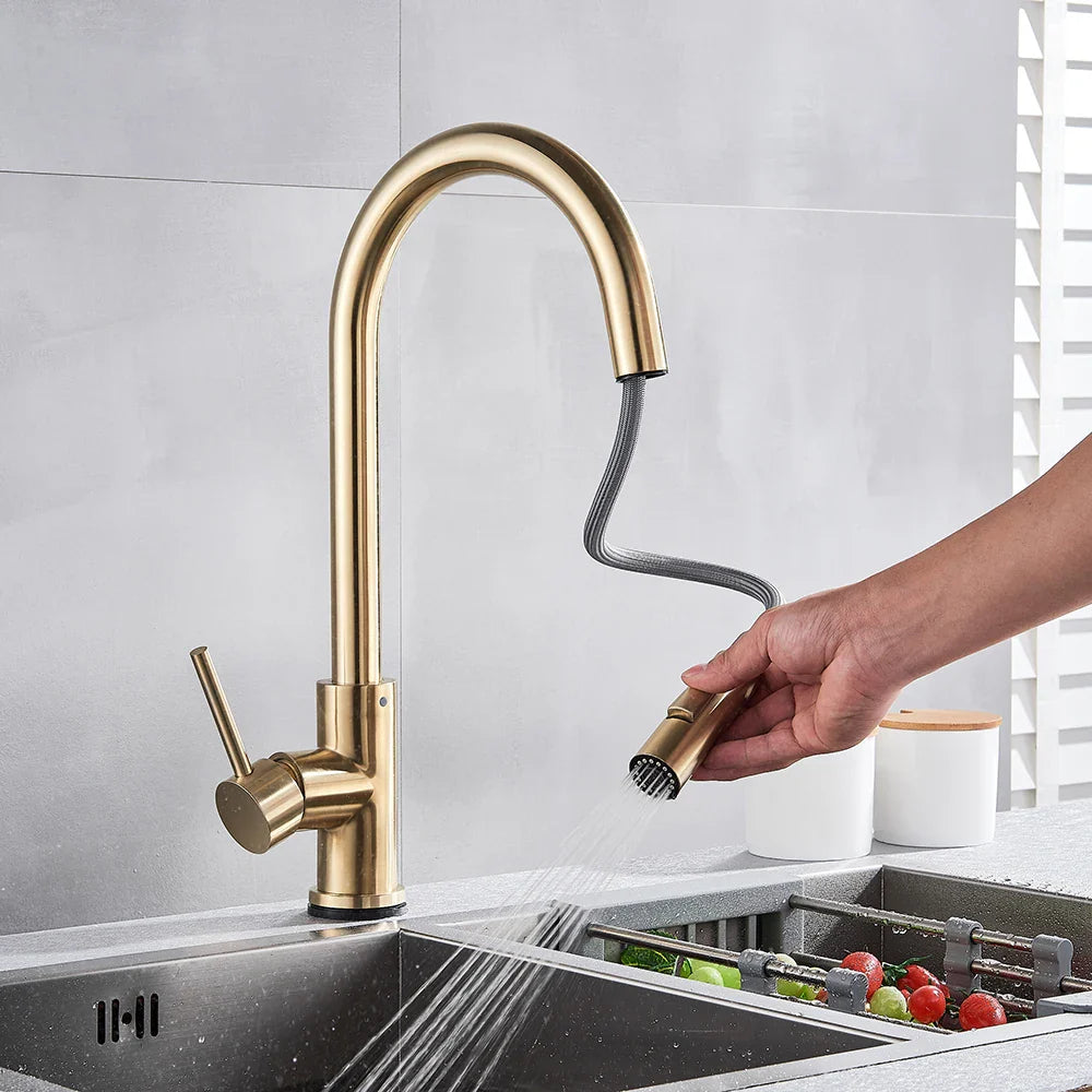 Afralia™ Brushed Gold Smart Touch Kitchen Faucet Dual Outlet Water Modes