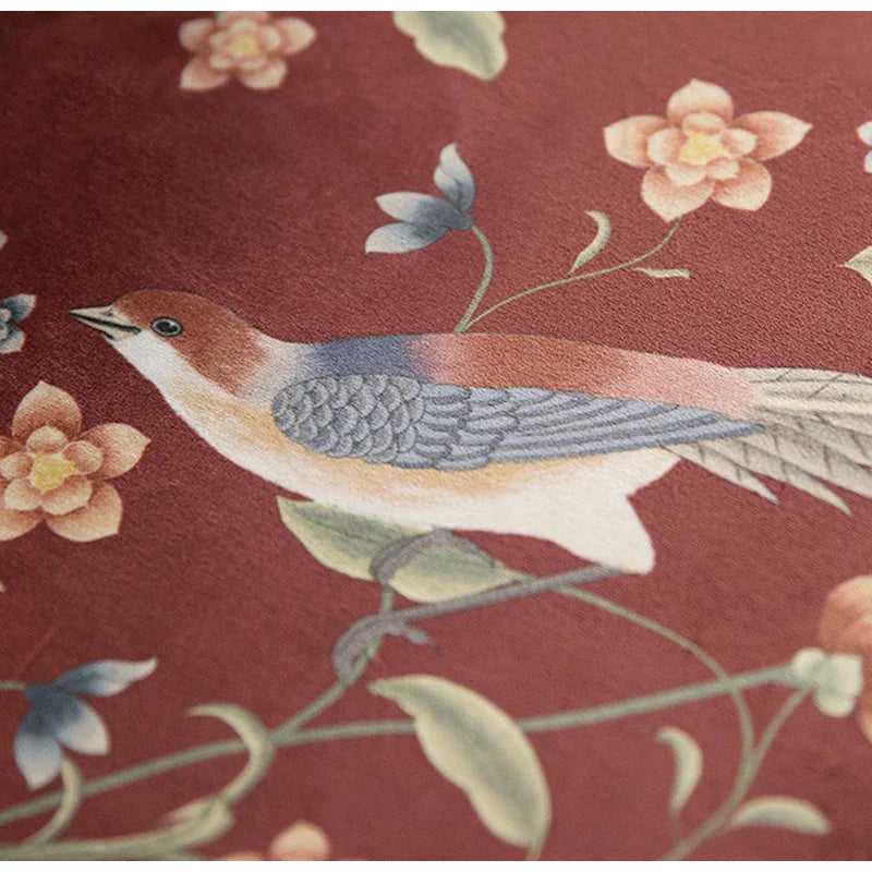Afralia™ Chinese Peony Flower & Bird Print Vermilion Pillow Cover