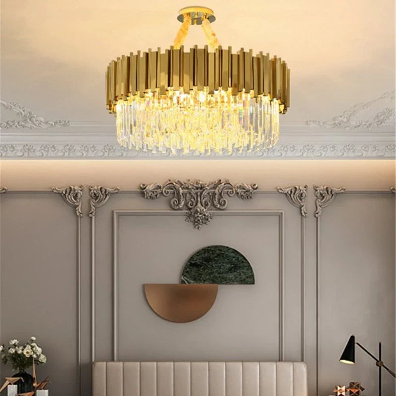 Afralia™ Golden Stainless Steel K9 Crystal Chandelier for Elegant Dining Room Lighting