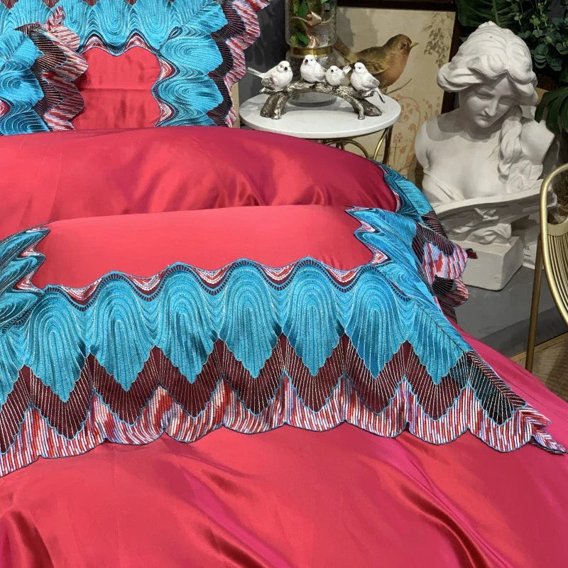 Afralia™ Red 1000TC Egyptian Cotton Lace Bedding Set - Duvet Cover & Pillowcases