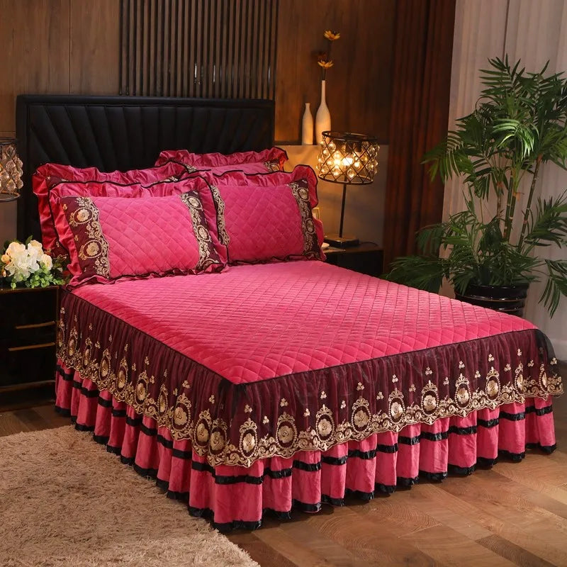 Afralia™ Crystal Velvet Bedspread Set with Super Soft Quilting & Lace Bedskirt