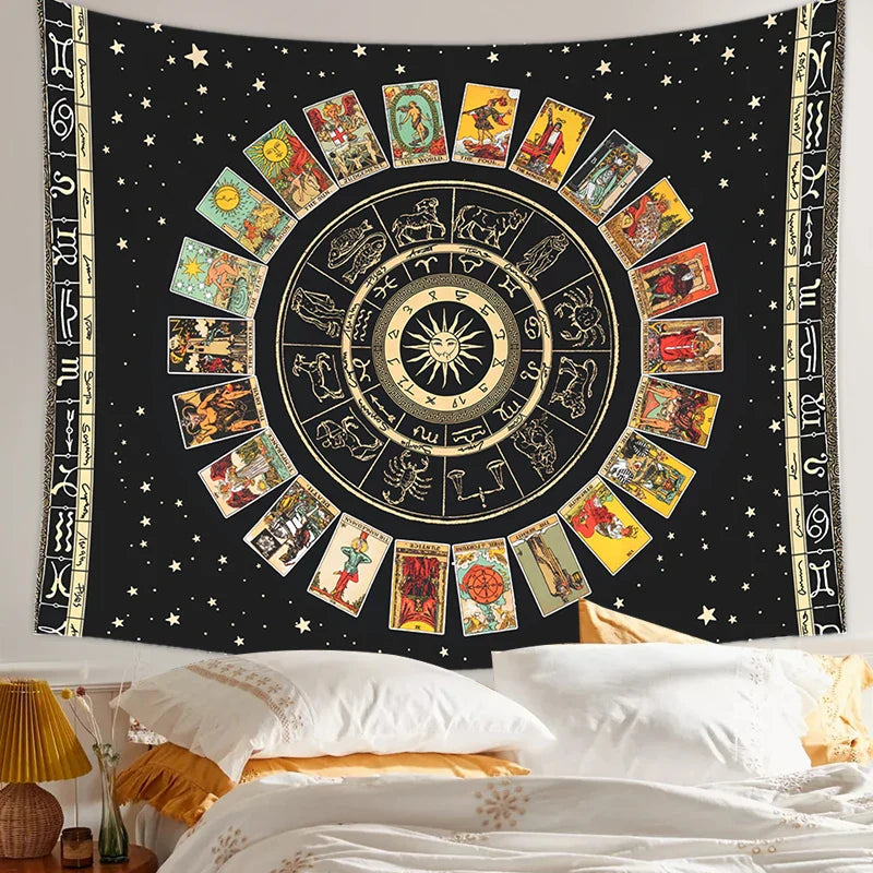 Afralia™ Tarot Card Tapestry: Zodiac Wheel & Major Arcana Sun Moon Wall Hanging