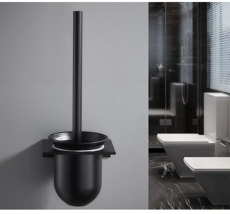Afralia™ Stainless Steel Toilet Brush Holder, Wall Mount, Black, Bathroom Cleaning Kit