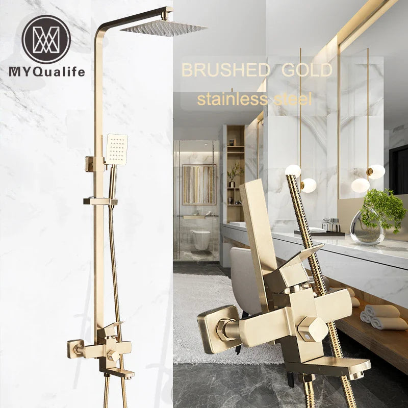 Afralia™ Brushed Gold Shower Mixer with Rotating Tub Spout and 8" Rainfall Head