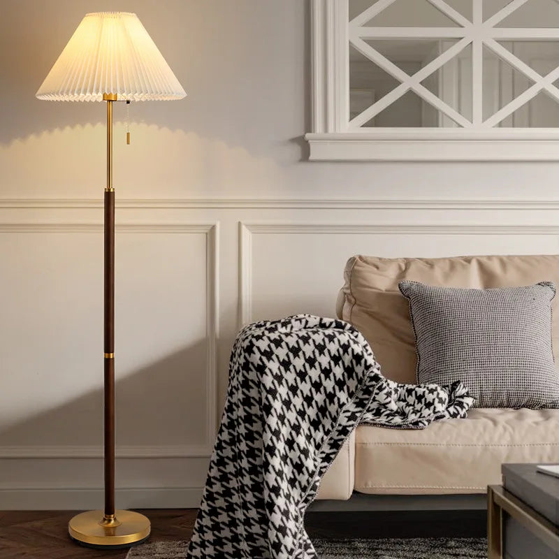 Afralia™ Pleated Wood Floor Lamp with White Fabric Shade