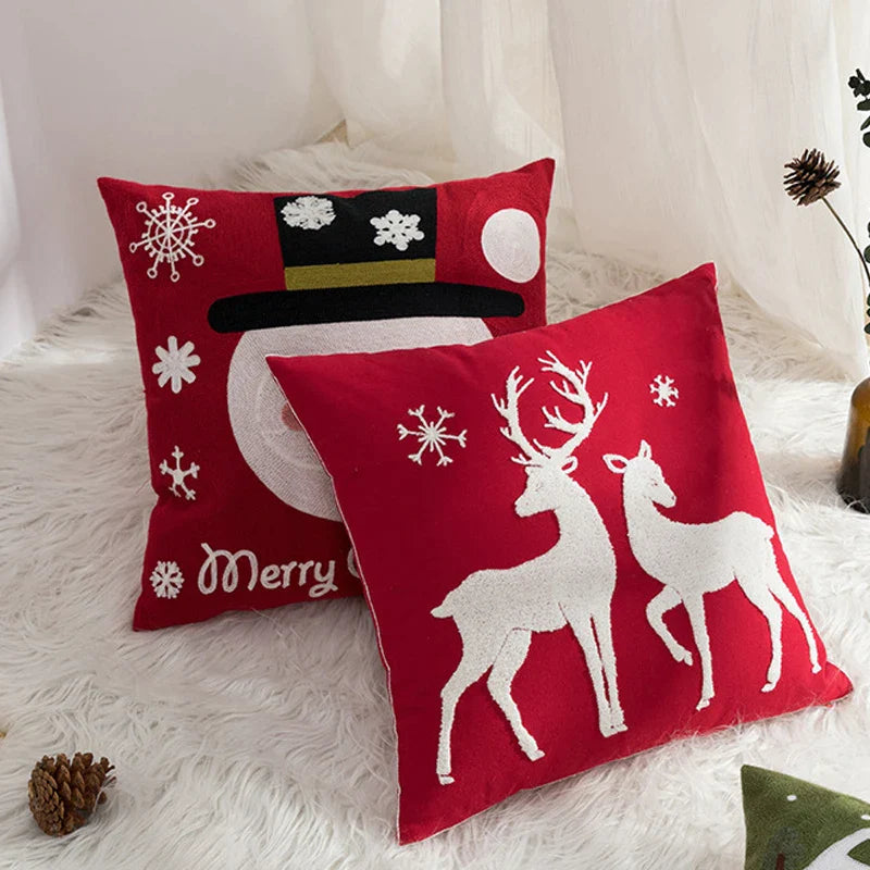 Afralia™ Christmas Embroidered Cushion Cover 45x45cm - Red Green Santa Snowflake Deer Snowman