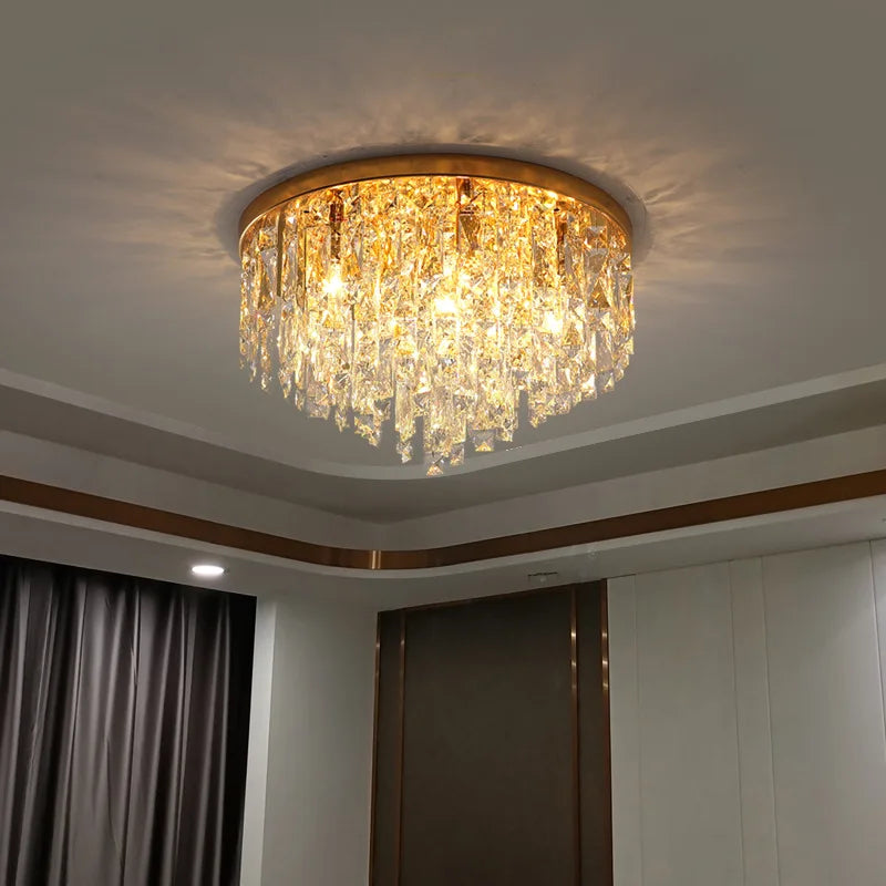 Afralia™ Modern Bedroom Crystal Ceiling Lamp Gold/Chrome Steel LED Lights