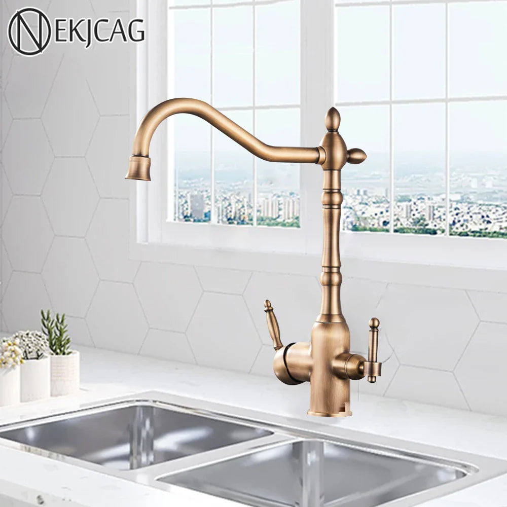 Afralia™ Antique Brass Dual Spout Kitchen Filter Faucet - Hot Cold Mixer Taps
