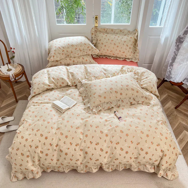Afralia™ Gardenia Print Princess Bedding Set with Ruffles and Pillowcases
