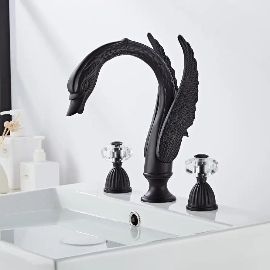 Afralia™ Swan Basin Faucet Gold Brass 3-Hole Black Oil Brushed Sink Tap