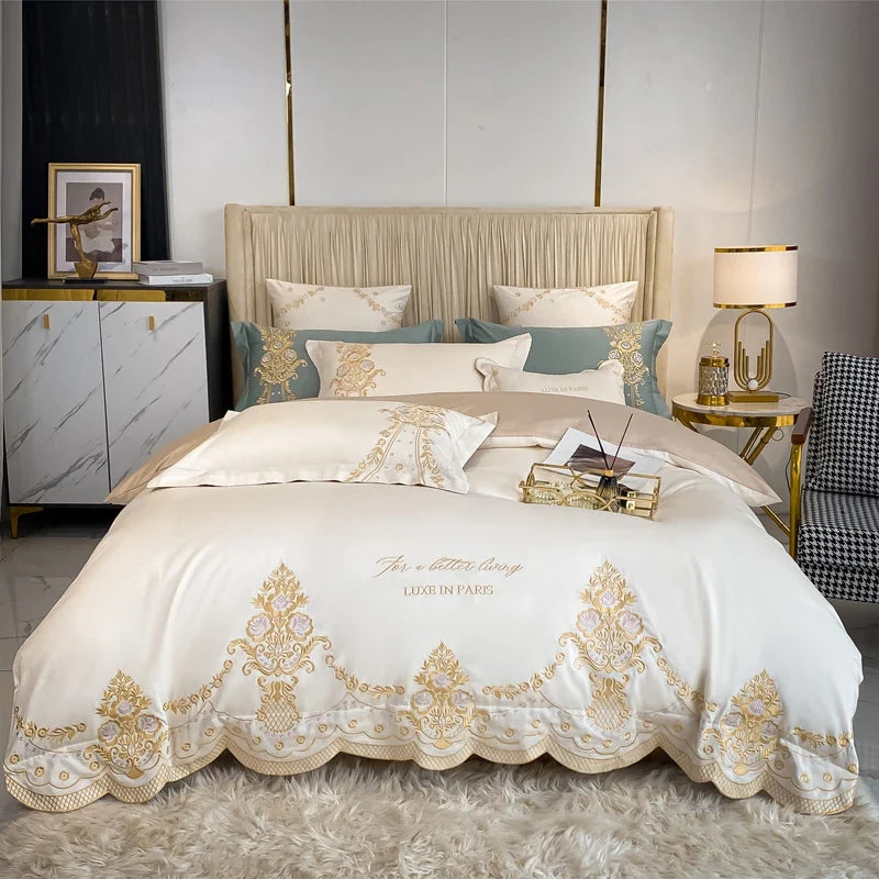 Afralia™ 1000TC Egyptian Cotton Gold Embroidery 4Pcs Bedding Set - Luxe Chic Collection