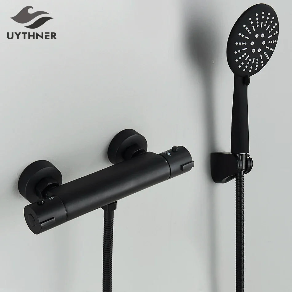 Afralia™ Black/Chrome Brass Thermostatic Shower Set with Wall Mount - Bathroom Accessories