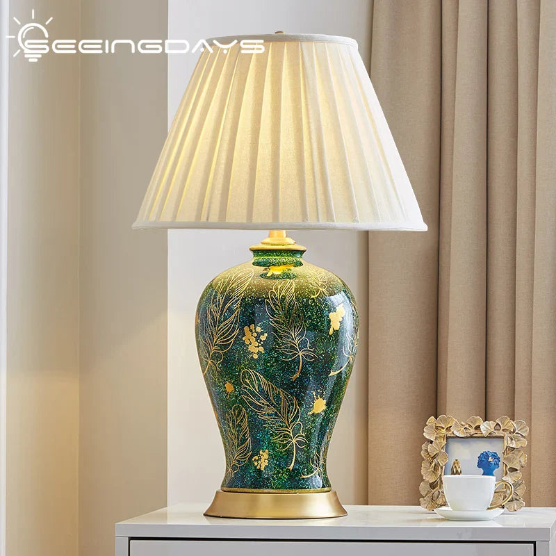 Afralia™ Golden Leaf Green Ceramic Table Lamp - Luxury New Chinese Style for Living Room