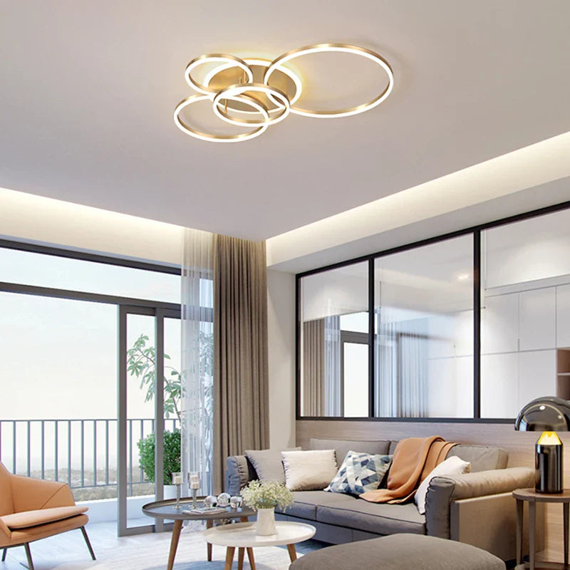 Afralia™ Modern LED Chandelier Lightings Gold Black Dimmable Indoor Lamps