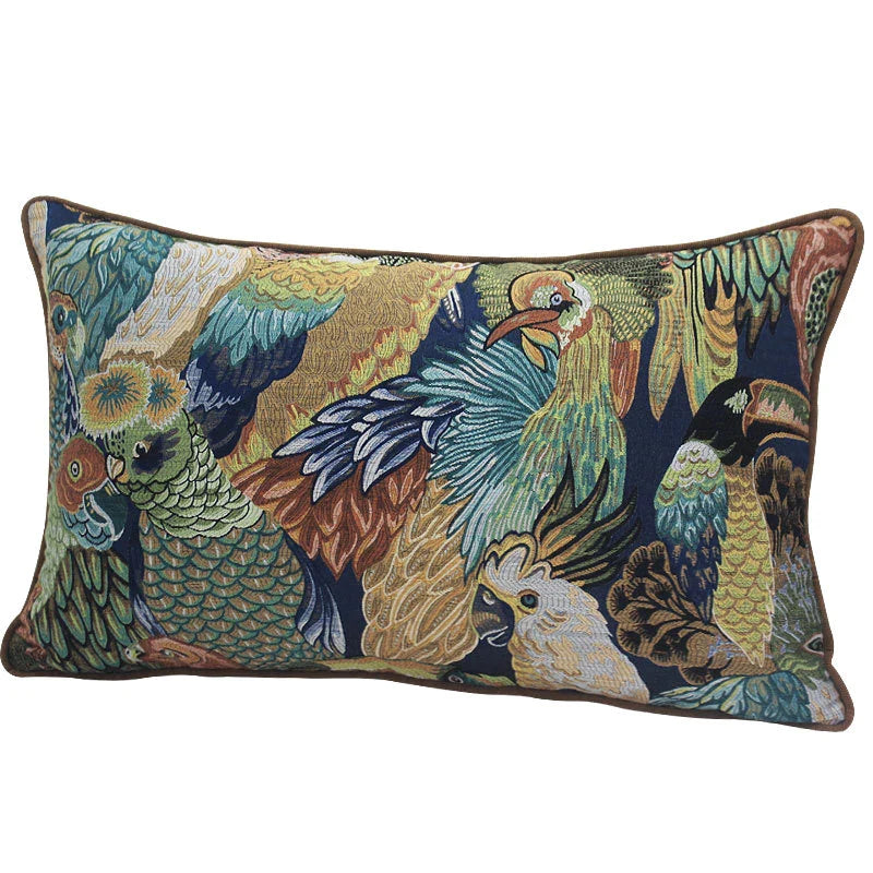 Afralia™ Parrot Birds Embroidered Cushion Cover Lumbar Pillow Case Luxury Style