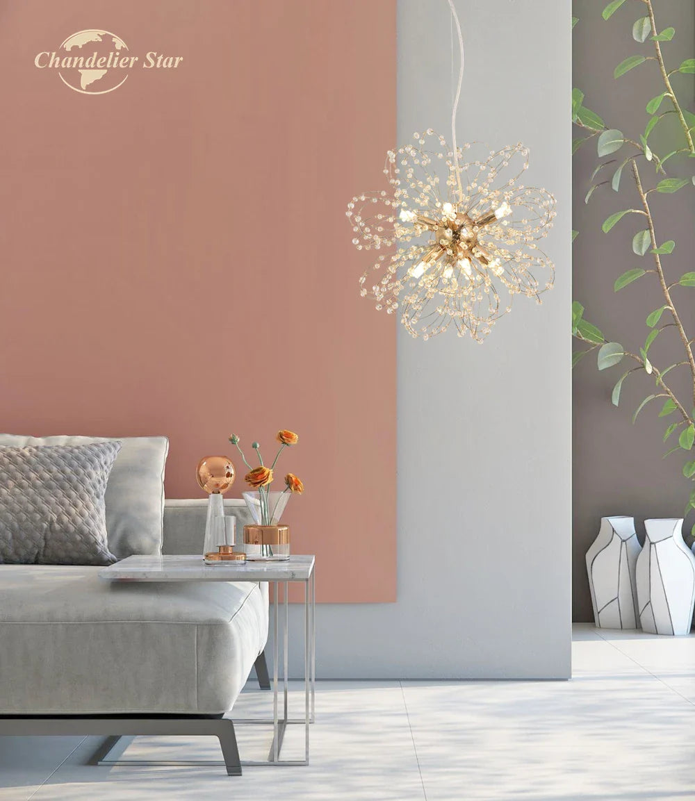 Afralia™ Nordic Dandelion Crystal LED Chandelier: Modern Sunflowers Pendant Light for Bedroom & Living Room