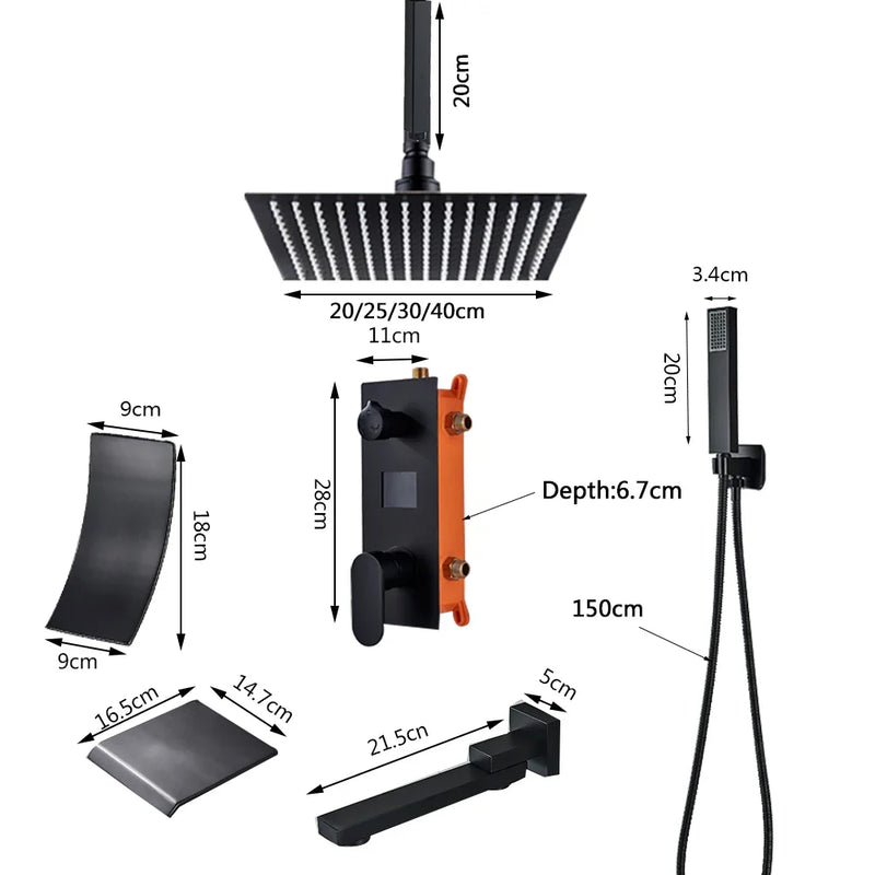 Afralia™ Matte Black Digital Display Shower Faucet Kit, Ceiling Mount Waterfall Rainfall Mixer