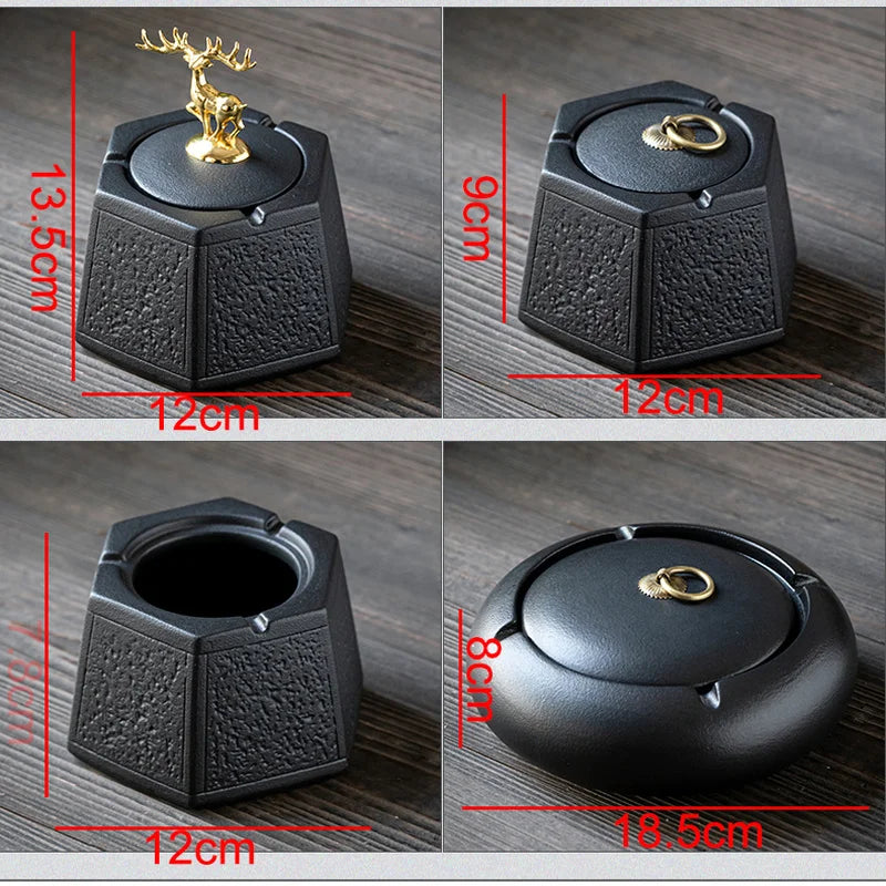 Afralia™ Black Pottery Ashtray with Cover: Stylish, Large Capacity Ceramic Ashtray