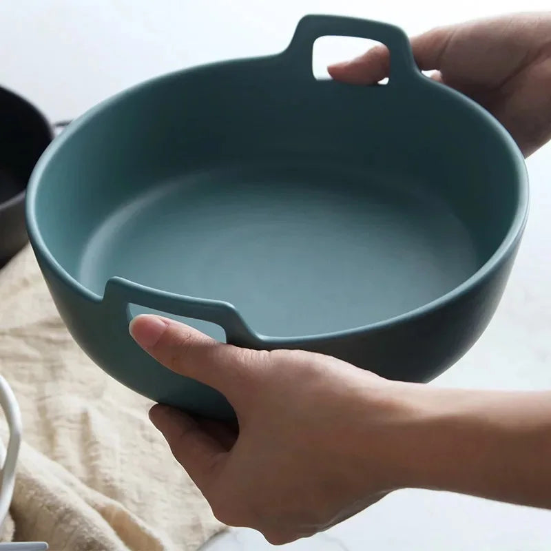 Afralia™ Ceramic Double Handle Salad Bowl | Deep Porcelain Serving Dish
