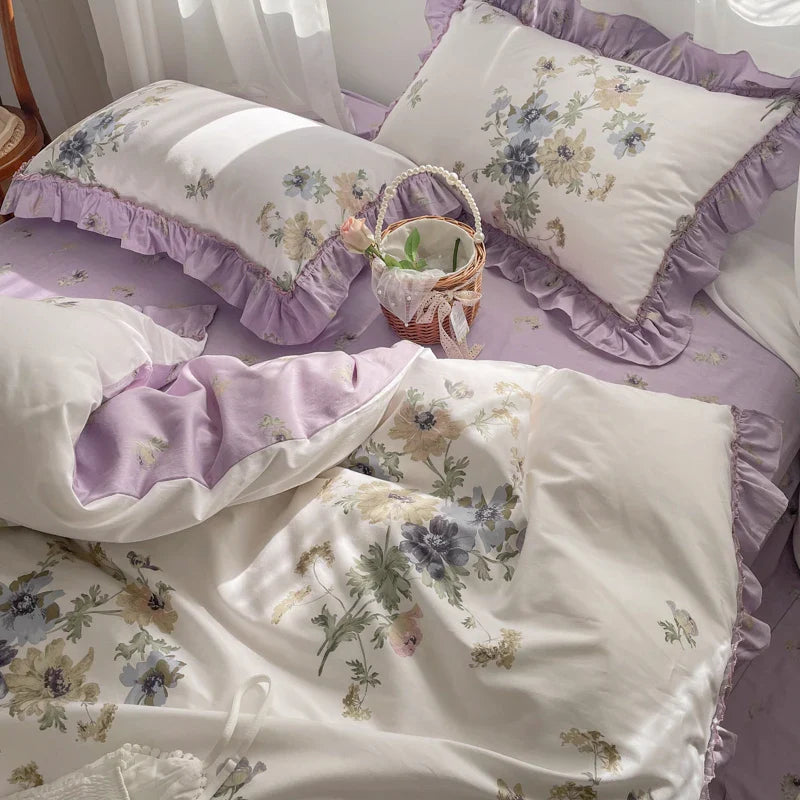 Afralia™ Gardenia Print Princess Bedding Set with Ruffles and Pillowcases