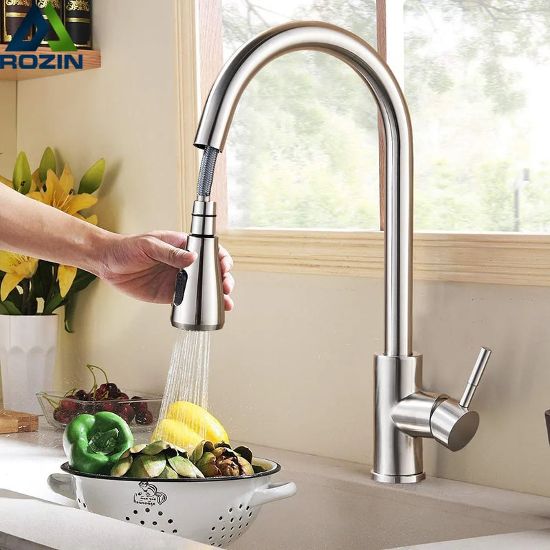 Afralia™ Brushed Nickel Pull Out Kitchen Faucet with Flexible Stream Sprayer Head