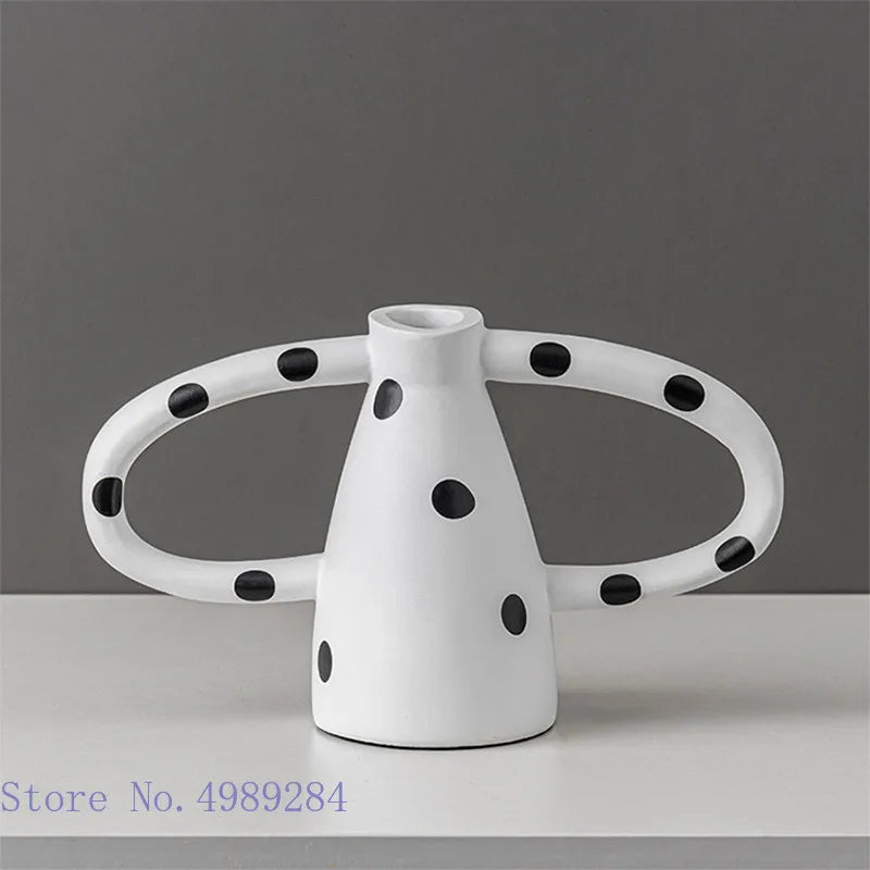 Afralia™ Ceramic Vase with Black and White Spots | Abstract Wave Point Design