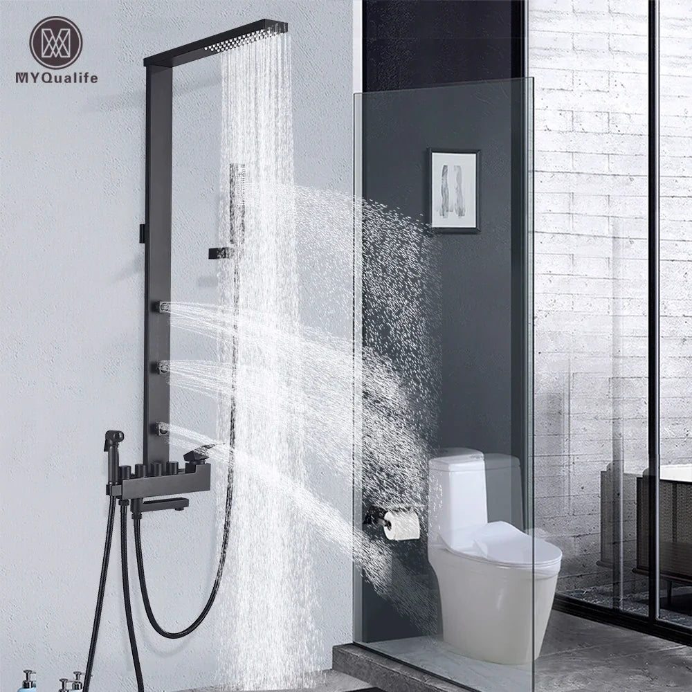 Afralia™ Matte Black Rainfall Shower & Bathtub Faucet Set with Bidet Feature